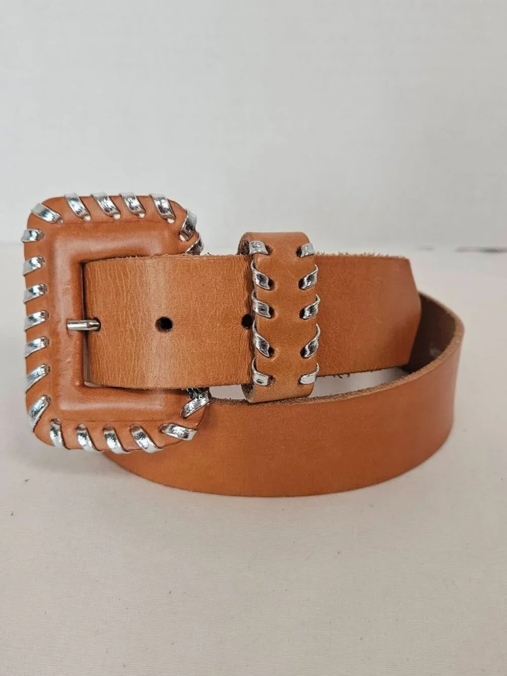 Accessories by Pearl Vintage Leather Whipstitch Wide Belt Tan Medium